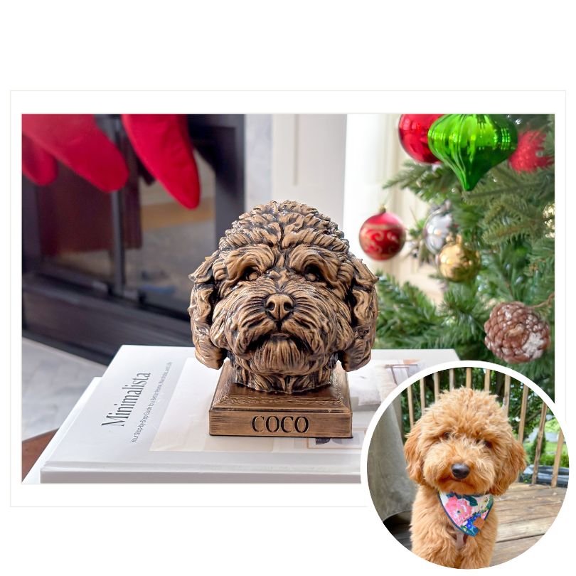 Custom 3D dog statue in gold. Sitting on top of books in a Christmas setting. The perfect gift for pet lovers