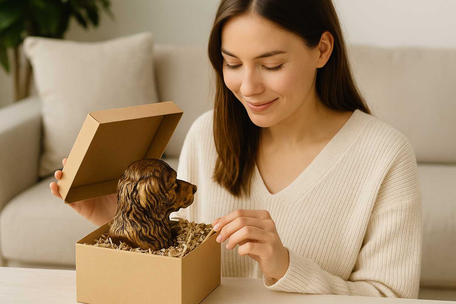 A woman holding a custom dog statue with a nameplate, smiling with emotion as she receives a Mother’s Day gift honoring her golden retriever
