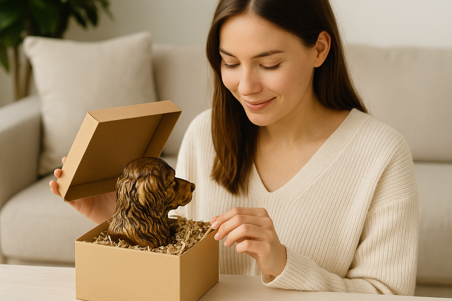 A woman holding a custom dog statue with a nameplate, smiling with emotion as she receives a Mother’s Day gift honoring her golden retriever